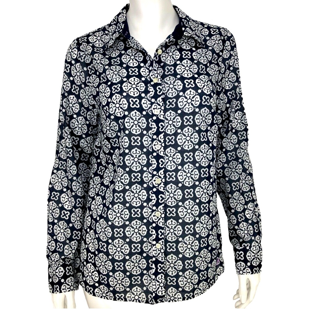 Talbots Womens Small Shirt Navy Blue White Medallion Print Button Down Cotton X